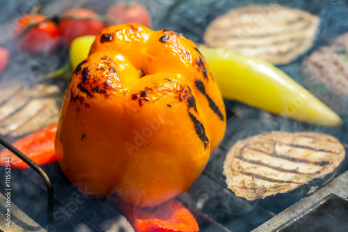 Grill.Grilling. Grilled vegetables. Grilled pepper. Grilled eggplant. grilled zucchini.