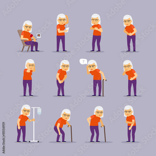 Elderly woman sick. Granny ill and sickness vector illustration