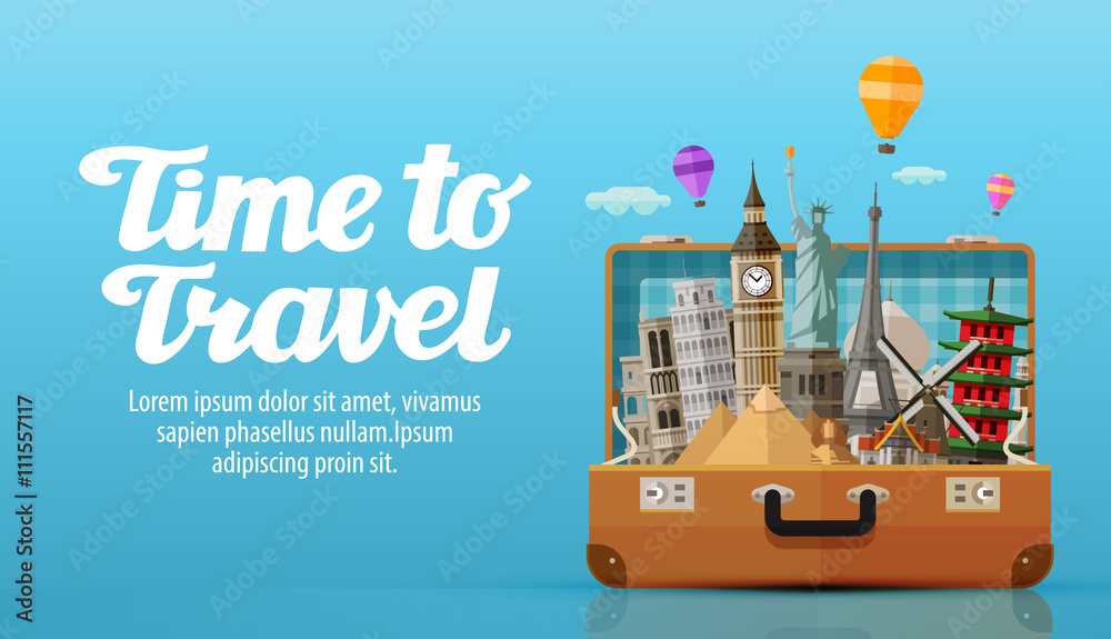 travel to world. open suitcase with landmarks. vector illustration - obrazy, fototapety, plakaty 