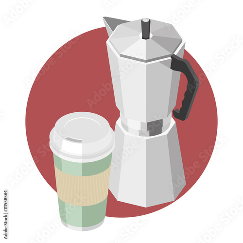 Coffee cup, coffee machine and cake in isometric