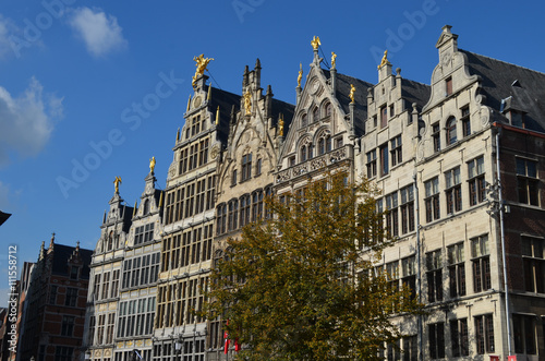 Old medieval houses and buildings in the old city center of Antwerp, Belgium