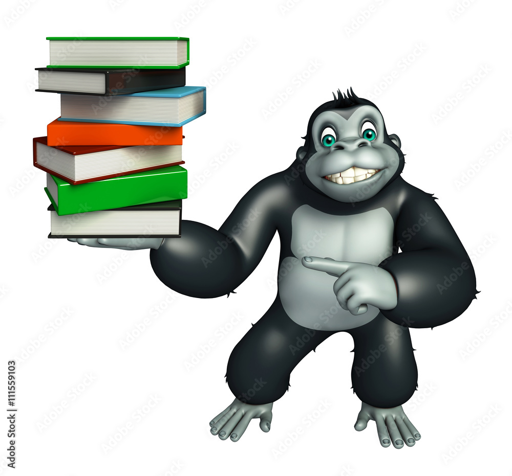 Naklejka premium cute Gorilla cartoon character with book stack