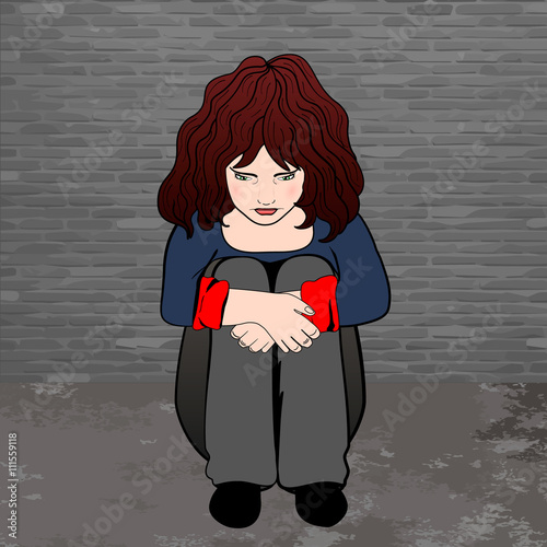 poor, sad little child girl sitting against the concrete wall. vector illustration.