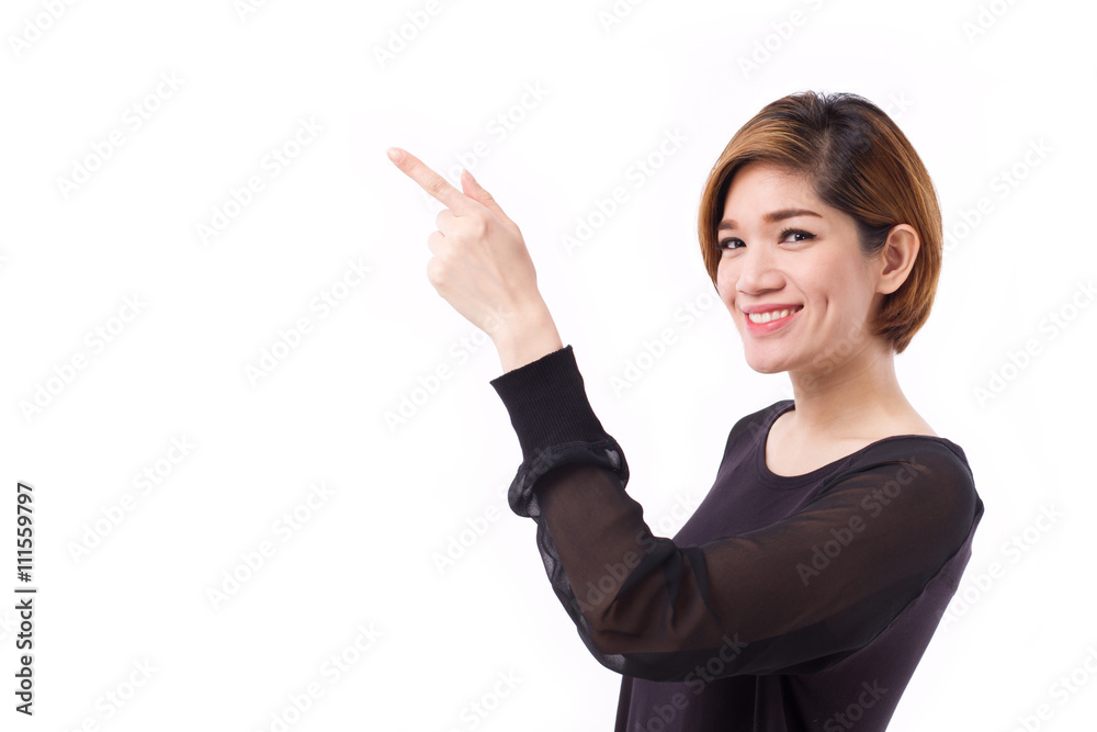happy woman pointing hand and finger up to blank space happy woman pointing hand and finger up to blank space