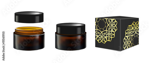 Blank Realistic Cosmetic Container for Face Cream, Powder, Gel, Face mask. Package isolated on white background. Black Box or cardboard packaging. 3d illustration. vector. For Beauty advertising.