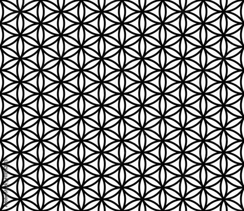 Vector modern seamless sacred geometry pattern flower of life, black and white abstract geometric background, subtle pillow print, monochrome retro texture, hipster fashion design