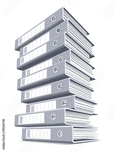 Extremely high pile of binders isolated on a white background. Concept of office information overload. Vector illustration. photo