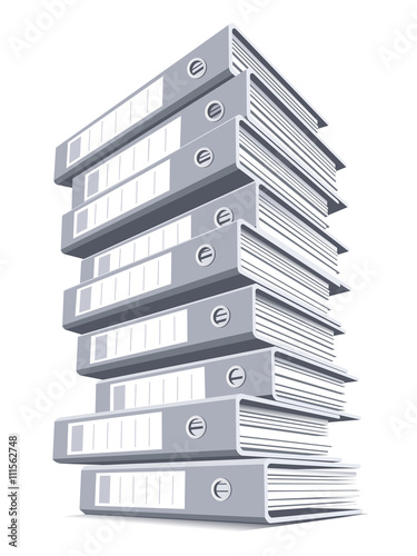 Extremely high pile of binders isolated on a white background. Concept of office information overload. Vector illustration.