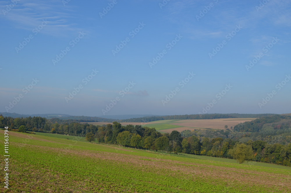 Rural landscape with trails, meadows and fields on rolling hills in Wallonia on sunny autumn day, Durnal, Yvoir