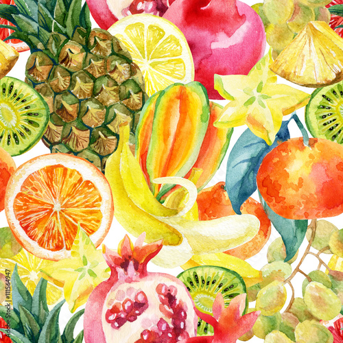 Fototapeta Naklejka Na Ścianę i Meble -  Exotic watercolor fruit mix seamless pattern