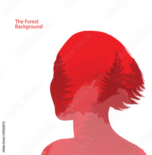 Vector double exposure illustration. Woman silhouette plus forest background. Double exposure portrait of woman on a red background of coniferous forest. Woman and coniferous forest in morning mist.