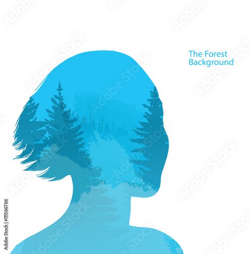 Vector double exposure illustration. Woman silhouette plus forest background. Double exposure portrait of woman on a blue background of coniferous forest. Woman and coniferous forest in morning mist.