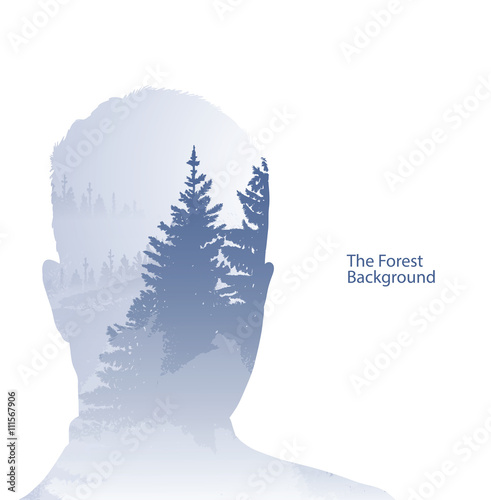Vector double exposure illustration. Man silhouette plus forest background. Double exposure portrait of man on dark blue background of coniferous forest. Man and coniferous forest in the morning mist.