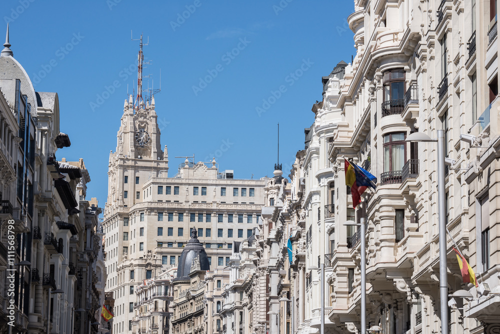 Buildings situated on representative Gran Via street, Madrid (Spain)