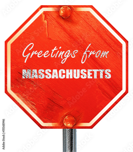 Greetings from masschusetts, 3D rendering, a red stop sign photo