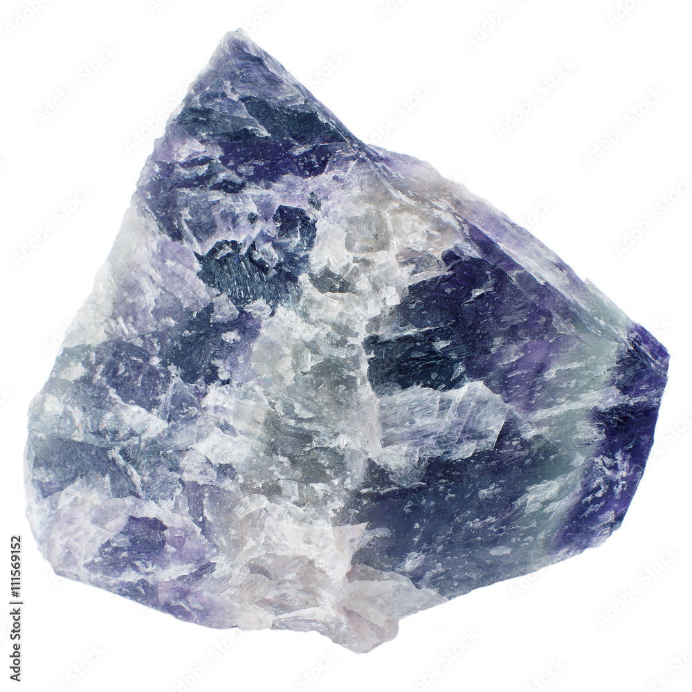 Mineral  fluorite (fluorspar) isolated on white background. The stone has ornamental and lapidary uses. Industrially, fluorite is used in the production of certain glasses and enamels.