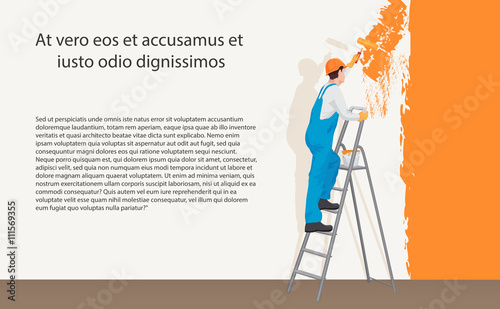 Man decorator painter painting a color wall. Process concept.