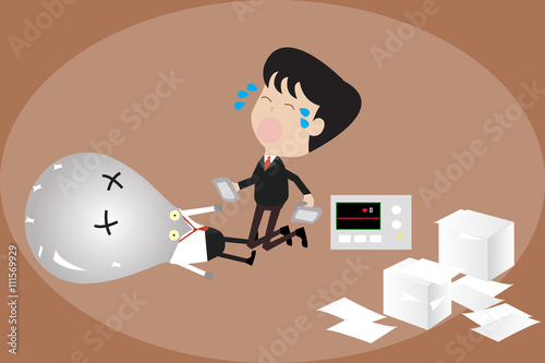 businessman resuscitating a light bulb with a defibrillator,concept loose idea