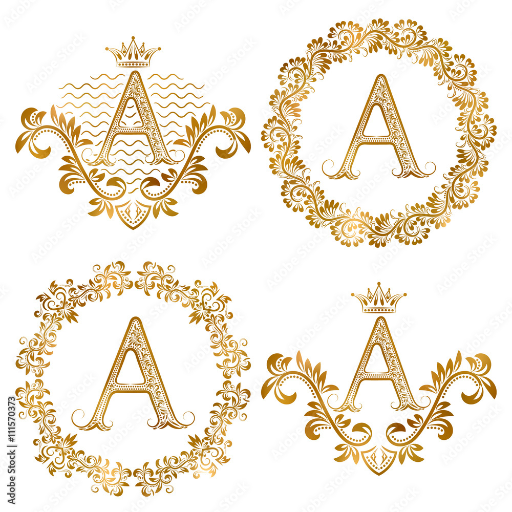 Golden letter A vintage monograms set. Heraldic monogram in coats of ...