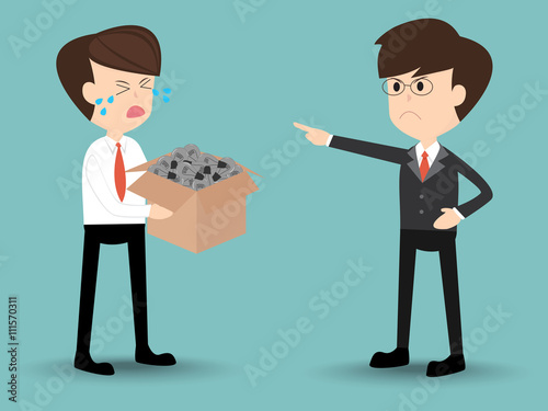 moody boss with employee hold box of bulbs concept of no more idea