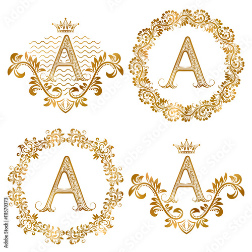 Golden letter A vintage monograms set. Heraldic monogram in coats of arms and round frames.