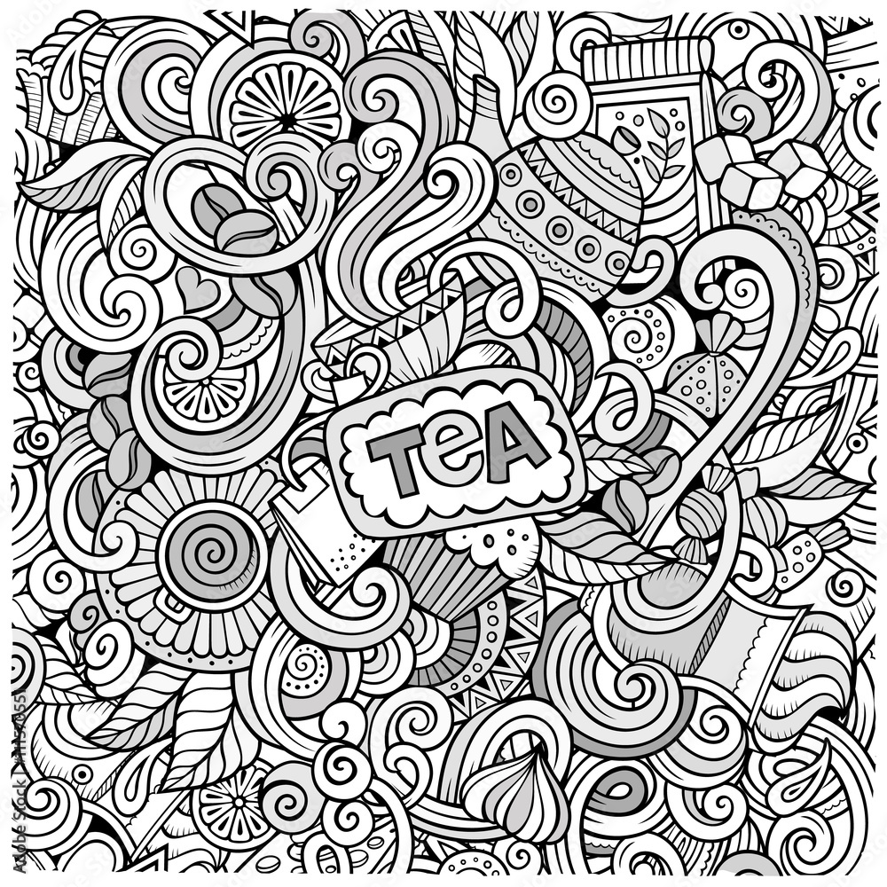 Cartoon hand-drawn doodles of cafe, coffee shop background Cartoon hand-drawn doodles of cafe, coffee shop background