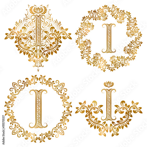 Golden letter I vintage monograms set. Heraldic monogram in coats of arms and round frames.
