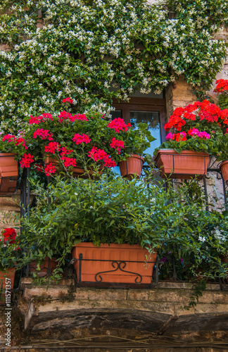 Finestra e balcone addobbati con vasi di fiori