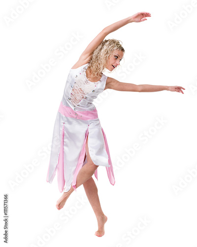 young woman dancing, isolated in full body on white