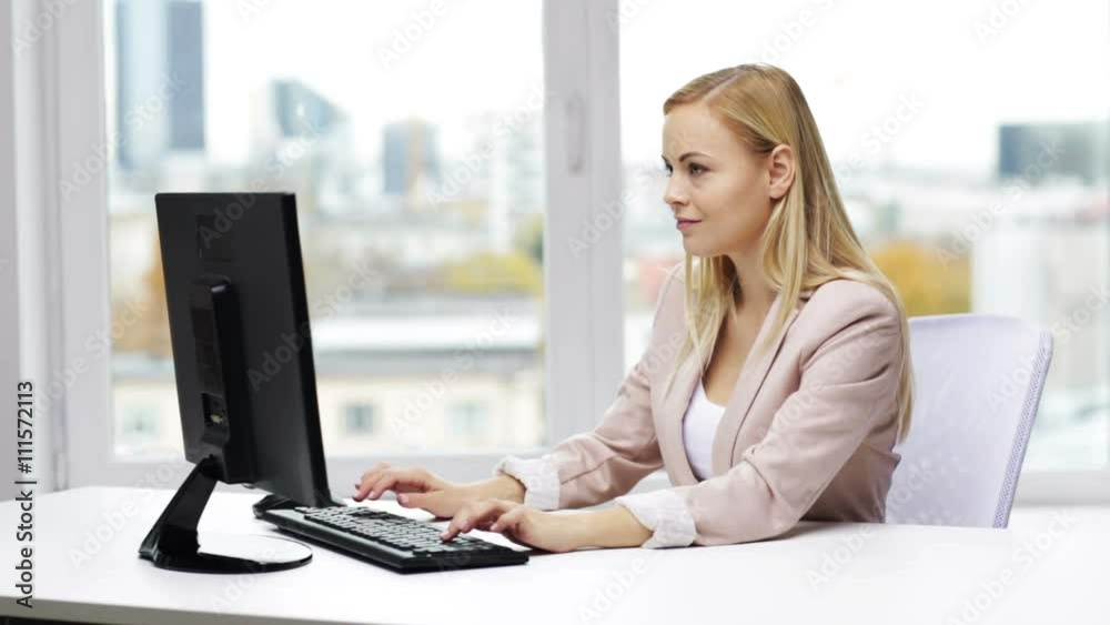 businesswoman with computer typing at office businesswoman with computer typing at office