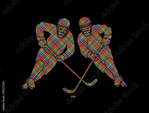 Hockey player action designed using colorful pixels graphic vector