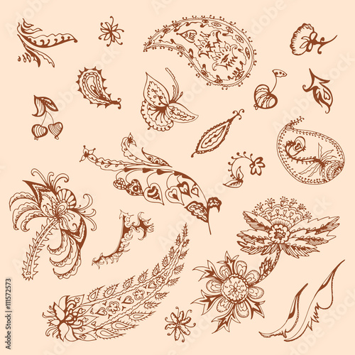 large set of decorative floral element of beautiful paisley henna design Vector Illustration