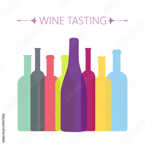 Wine tasting card, with colored bottles over a white background. Digital vector image.