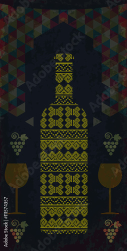 White wine and tasting card, bottle with two glasses over water dark background with colored pattern and grape sign. Digital vector image.