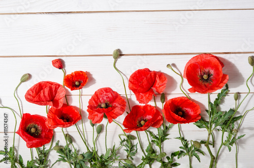 Fototapeta Naklejka Na Ścianę i Meble -  beautiful red poppies on old white wooden table