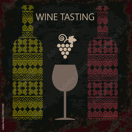 Wine tasting card, two bottles of white and red wine, a glass and grape sign over dark background. Digital vector image.