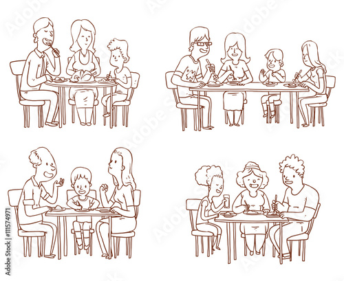 Vector cartoon image of a set of family dinners. Different families sitting at the tables and eat food on a white background. Family idyll. Card. Vector illustration. Line style.