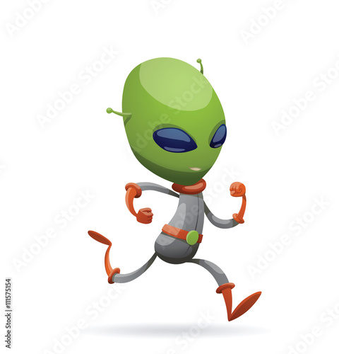 Vector cartoon image of funny green alien with big eyes and a small antennas on his his head in gray-orange spacesuit, running somewhere on a white background. Vector illustration.