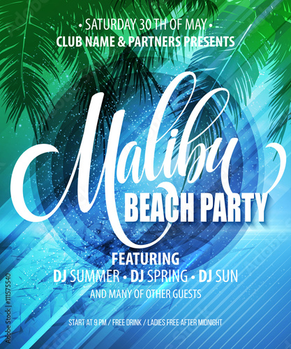 Malibu Beach Party poster. Tropical background. Vector illustration
