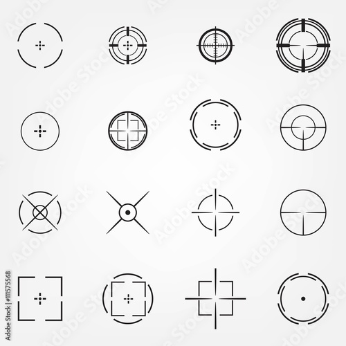 Crosshair icons set for computer games shooters or original mouse cursors pointers for computer programs. Sixteen vector target aim symbols. Circles and rounded squares buttons