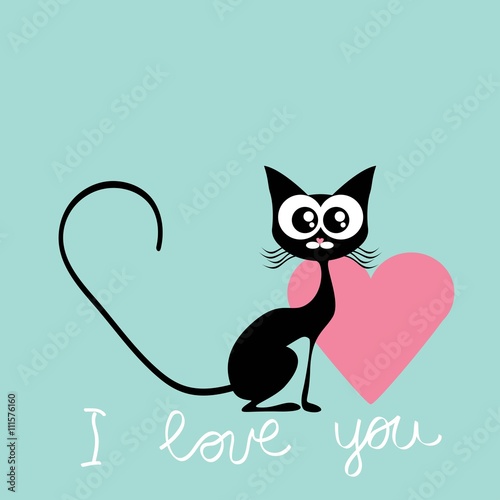 Valentines day card cat and bird vector illustration © credon2012