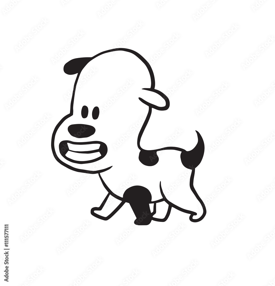 Vector cartoon image of a funny little dog black-white colors walking and  smiling on a white background. Made in monochrome style. Positive  character. Vector illustration. Stock Vector | Adobe Stock