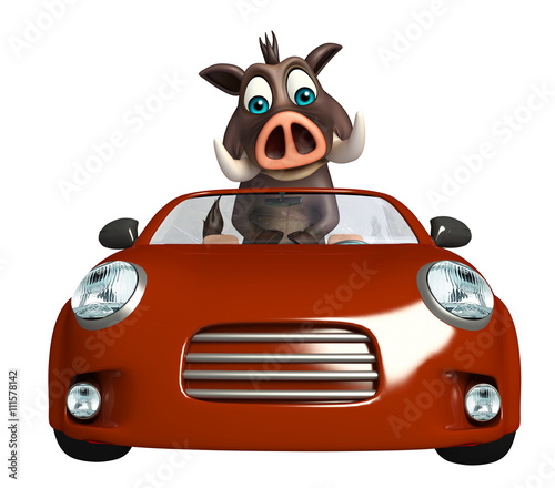 fun Boar cartoon character with car
