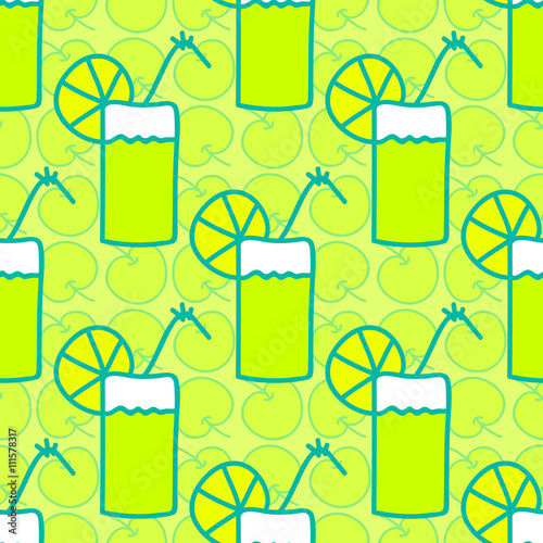 Seamless summer background. Hand drawn pattern. Suitable for fabric, greeting card, advertisement, wrapping. Bright colorful apple cocktail with slice of acid lemon or lime. Seamless summer pattern