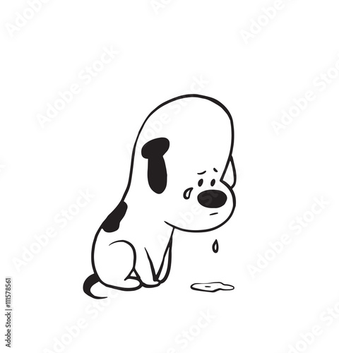 Vector cartoon image of a funny little dog black-white colors sitting and crying on a white background. Made in monochrome style. Positive character. Vector illustration.