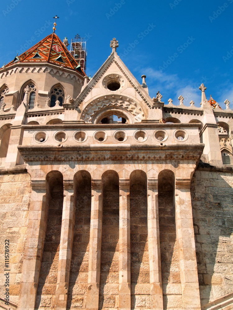 Fototapeta premium Fisherman Bastion in Budapest, Hungary. Close up, vertical shot