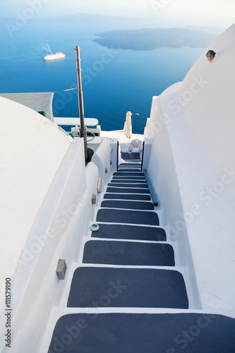 Beautiful view of volcano in Santorini with stairs in foreground
