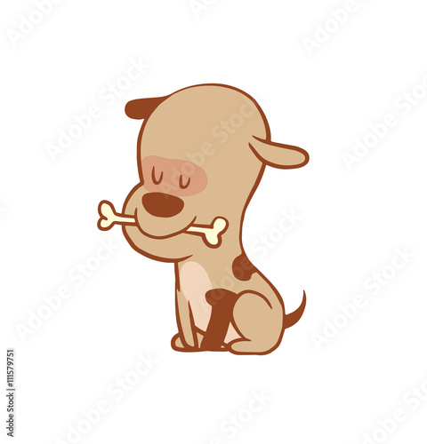 Vector cartoon image of a funny little dog light brown color with a bone in his mouth on a white background. Color image with a brown tracings. Puppy. Positive character. Vector illustration.