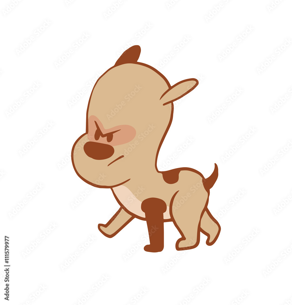 Vector cartoon image of a funny little angry dog light brown color walking  somewhere on a white background. Color image with a brown tracings. Puppy.  Positive character. Vector illustration. Stock Vector |