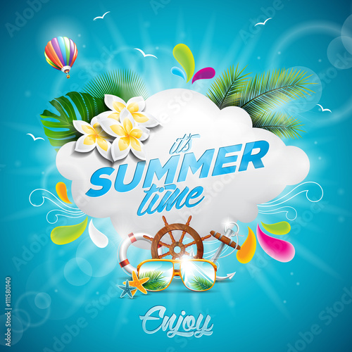 Vector Hello Summer Holiday typographic illustration with tropical plants, flower and hot air balloon on blue background.